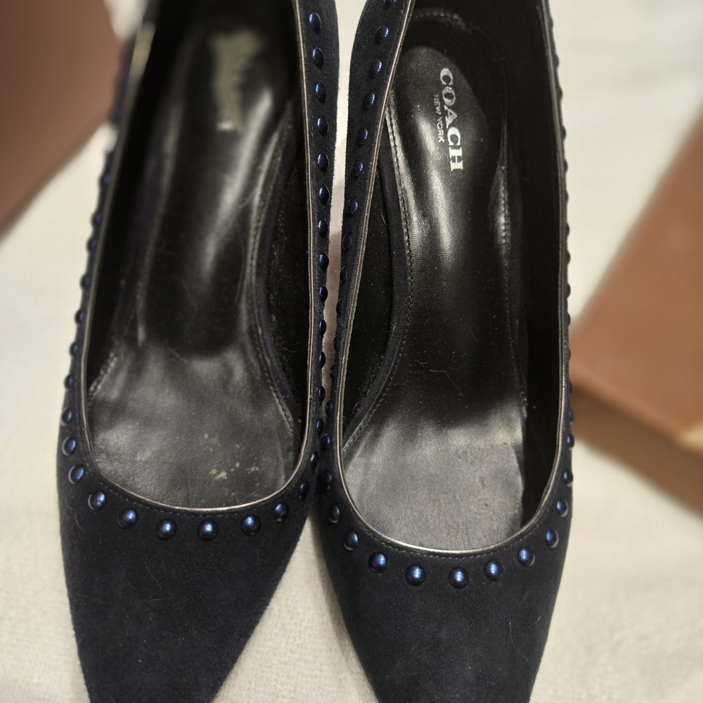 COACH Navy Suede Studded Pointed-Toe Pumps